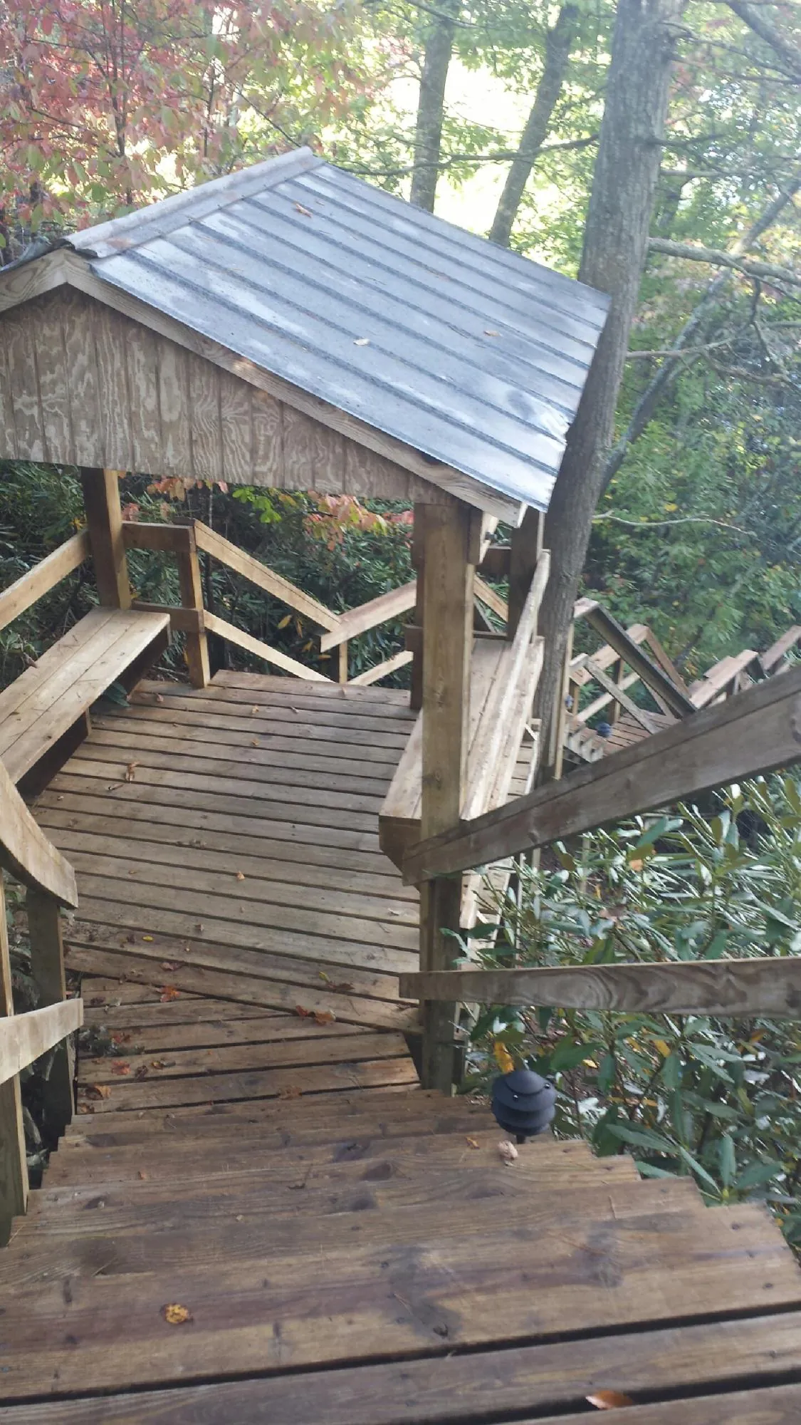 Metal roofed shelter over wooden steps on a wooded walkway — Skylight Repair & Installation work by our crew in Banco